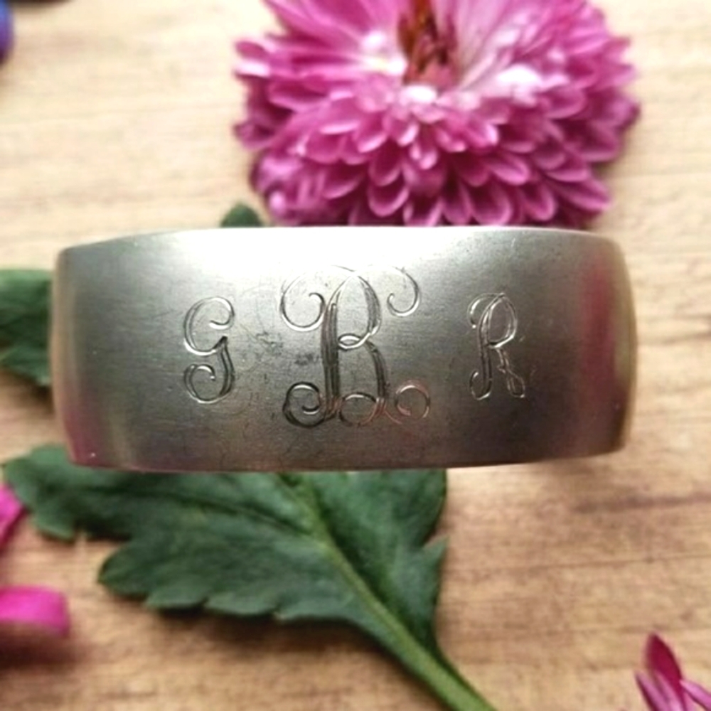 Vintage bracelet pewter cuff engraved monogram Initials silver tone GBR